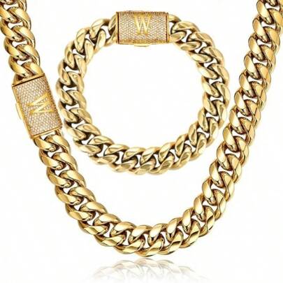 2pcs Thick 18K Gold Plated Hip Hop Jewelry Set Stainless Steel 14mm Men Curb Punk Link Chain Initial Letter W Buckle  Necklace Bracelet