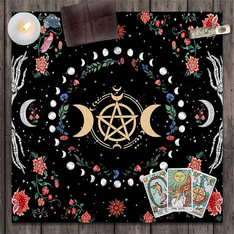 1 pieza Mantel de tarot con flor de luna, decoración de triple luna para altar de brujería y astrología - Multicolor - Ver 1