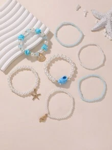 7件套女孩贝壳、海贝、米珠和珍珠串珠海洋主题手链 - 彩色 - 查看 4