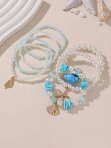 7件套女孩贝壳、海贝、米珠和珍珠串珠海洋主题手链 - 彩色 - 查看 3