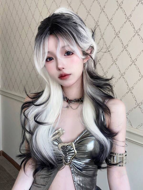 alicegarden 1 Synthetische, hitzebeständige Langhaarperücke mit natürlicher Welle und Pony, Multicolor, 66 cm, Alltag-Natürlich, Glatt und Realistisch (Ohne Zubehör)