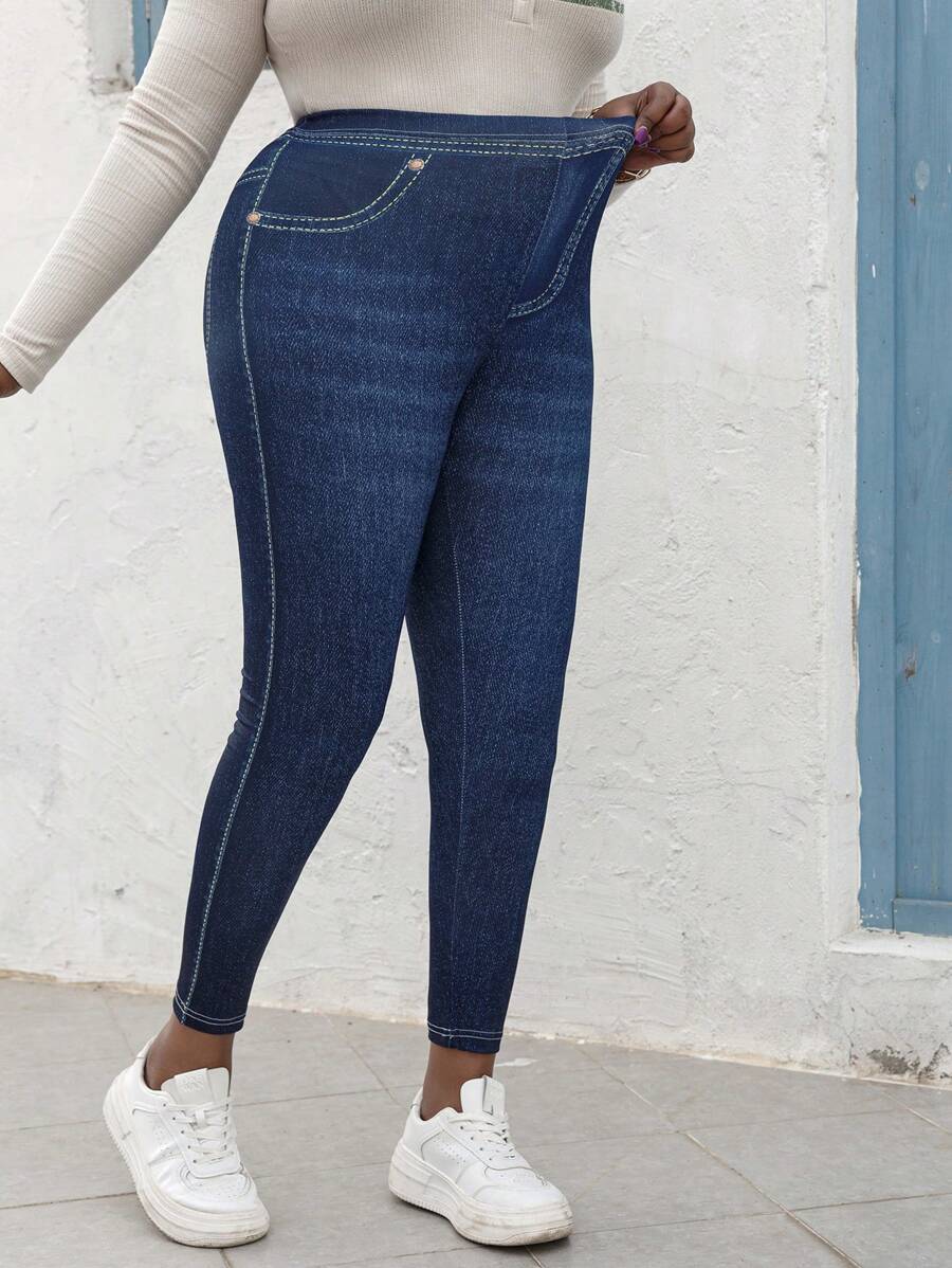 Plus Size Women's Leggings Imitation Jeans Effect Printed High Stretch Soft Fashionable Vintage Knitted Tights Sports Pants Female Clothing - Blue - View 1