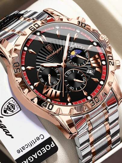 POEDAGAR Fashion Sports Men's Stainless Steel Quartz Watch With Calendar Function, 30M Water Resistance, Chronograph Subdial, Birthday/ Festival Gift, Suitable For Daily Casual Wear