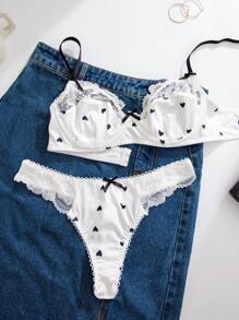 1pc Women White Heart Lace Trim Bra Set, Lingerie - White - View 3