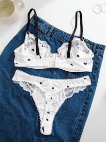 1pc Women White Heart Lace Trim Bra Set, Lingerie - White - View 2