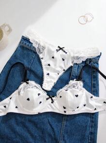 1pc Women White Heart Lace Trim Bra Set, Lingerie - White - View 4