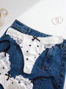 1pc Women White Heart Lace Trim Bra Set, Lingerie - White - View 5