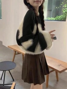 宽松短款条纹针织套头衫、长袖上衣