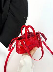 Mini Shiny Crocodile Pattern Women Handbag - Red - View 2