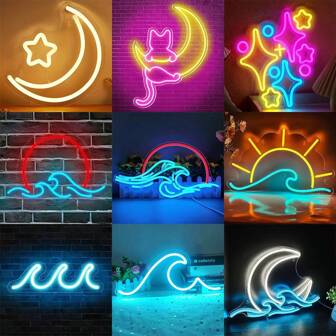 Soluppgång Solnedgång Neonskylt Måne över havet Neonljus Twilight Wave LED Väggskyltar,Ice Blue Wave Led Neon Light Sign, USB Powered Wave Nattlampa för hemmet, Sea Beach Party Surf Ocean Barns sovrum Födelsedagspresent Hem Sovsal Spelrum,Halloween, Thanksgiving, Jul Gåvor