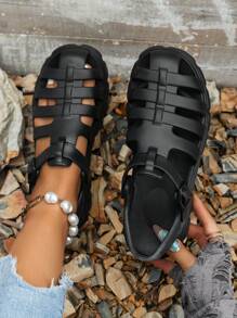 新款夏季罗马凉鞋 透气户外运动防滑凉鞋 编织增高鞋头 镂空防滑沙滩拖鞋 厚底 - 黑色 - 查看 4