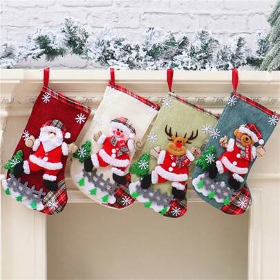 4pcs Large Linen Christmas Stockings With Designs Of Elderly, Snowman, Reindeer & Bear, Christmas Decor Gift Bags,Christmas Christmas Decorations Home Christmas Gifts Christmas Decor