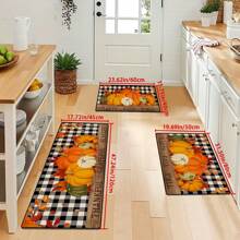 1pc Autumn Pumpkin Print Carpet, Thanksgiving Pumpkin & Maple Leaf Checkered Rug For Kitchen, Living Room, Entryway, Decorative Machine Washable Non-Slip Floor Mat, Great Fall Gift For Family & Friends