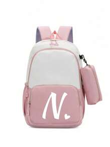 2 buc/Set Rucsac drăguț pentru studenți, rucsac simplu cu fermoar de capacitate mare, rucsac și geantă de papetărie, cu litere albe în formă de inimă A-Z, rucsac înapoi la școală, geantă de umăr de mare capacitate, echipat cu geantă de papetărie de aceeași culoare, rucsac pentru computer la modă și casual asortat pentru campus , Rucsac de damă, Rucsac de călătorie, Vacanță de călătorie, Sport în aer liber, Școală de fete, Studentă de fete, Cadou pentru fiica iubită, Cadou pentru întoarcerea la școală, Potrivit pentru uz școlar