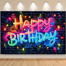 1 pieza Luz de neón que dice "Feliz Cumpleaños" que se ilumina como fondo para fiesta oscura, pared de ladrillos con grafiti, salpicaduras, fondo fotográfico colorido de estilo hip hop y decoración para sesión de fotos, Navidad - Multicolor - Ver 4