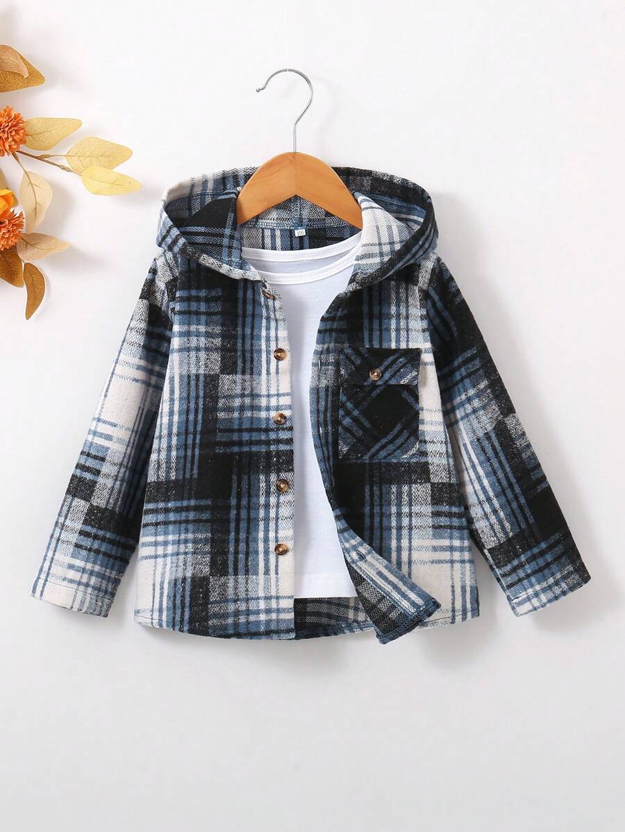 Boys' Hooded Plaid Pocket Jacket - Navy Blue - View 1