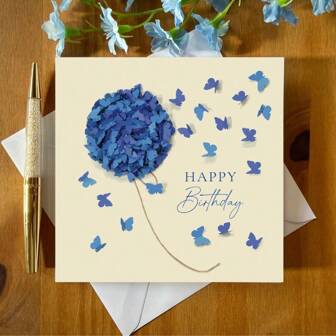 生日蝴蝶蓝色绣球花和蝴蝶卡（非 3D）包括信封、圣诞节