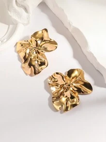 1 Pair Oversized Metal Asymmetrical Geometric Crinkle Ear Rings, Vintage Exaggerated Earrings For Women