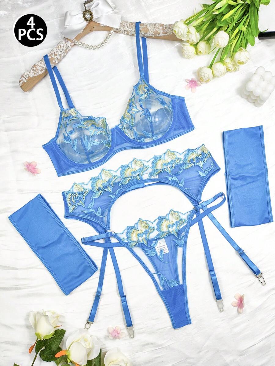 EZNV 4pcs Sexy Siren Lingerie Set Embroidered Sheer Mesh Underwire Bra, Garter Belt, And