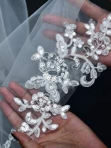 Fancy White Glittering Bridal Veil, Short One-Tier Fingertip Length - Beige - View 5