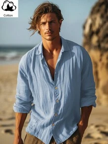 Men's Linen/Bohemian Style Long Sleeve Shirt, For Fall - Blue - View 1