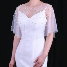 1 PC Trắng Faux Pearl Ngắn Áo Choàng Cô Dâu Áo Choàng Váy Cưới Bolero Quần Áo Mùa Thu Cho Phụ Nữ - VG27 - Xem 6