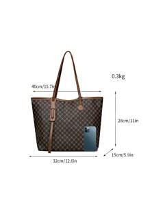 时尚大容量手提包套装，包括钱包 - 女士花卉印花大手提包 - 棕色 - 查看 7