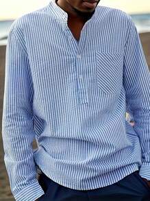 男士春秋纽扣半襟长袖条纹口袋休闲衬衫