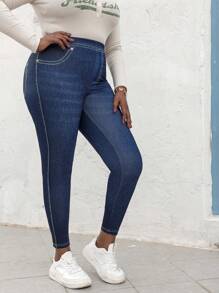 Plus Size Women's Leggings Imitation Jeans Effect Printed High Stretch Soft Fashionable Vintage Knitted Tights Sports Pants Female Clothing - Blue - View 4