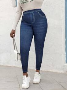 Plus Size Women's Leggings Imitation Jeans Effect Printed High Stretch Soft Fashionable Vintage Knitted Tights Sports Pants Female Clothing - Blue - View 3