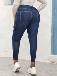 Plus Size Women's Leggings Imitation Jeans Effect Printed High Stretch Soft Fashionable Vintage Knitted Tights Sports Pants Female Clothing - Blue - View 6