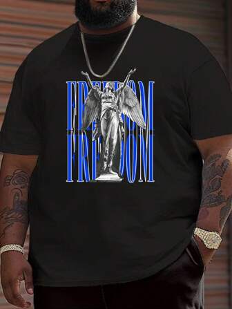 T-shirt décontracté à manches courtes col rond avec imprimé "Freedom" pour hommes grande taille