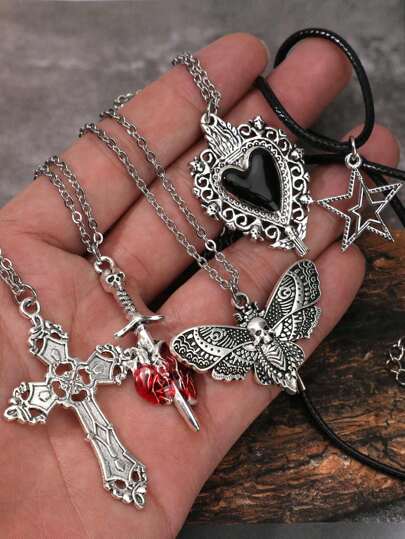 Set de 5 collares con colgantes de acero inoxidable en estilo gótico, punk rock, corazón, mariposa, estrella, calavera, espada, corazón, cruz y ala en estilo vintage Y2K, boho chic y hip hop, ideal como regalo para San Valentín, mamá, madre, Día de la Madre