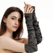 Halloween Extra Long Ripped Fingerless Gloves Hobo Gloves Cosplay Performance Arm Sleeve Punk Cool Accessories - Black - View 2