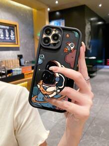 1pc Astronaut Heart Printed Shockproof Anti-Dirty Phone Case Compatible With Apple/Samsung/OPPO/VIVO//Infinix/Realme/OnePlus/Honor/ZTE - Black - View 1