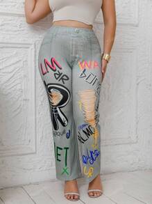Plus Size Straight-Leg Jeans Style Trousers With Print, Graffiti, Holes, Letter Pattern, Casual Fashion Stretch Pants For Women
