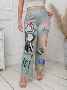 Plus Size Straight-Leg Jeans Style Trousers With Print, Graffiti, Holes, Letter Pattern, Casual Fashion Stretch Pants For Women