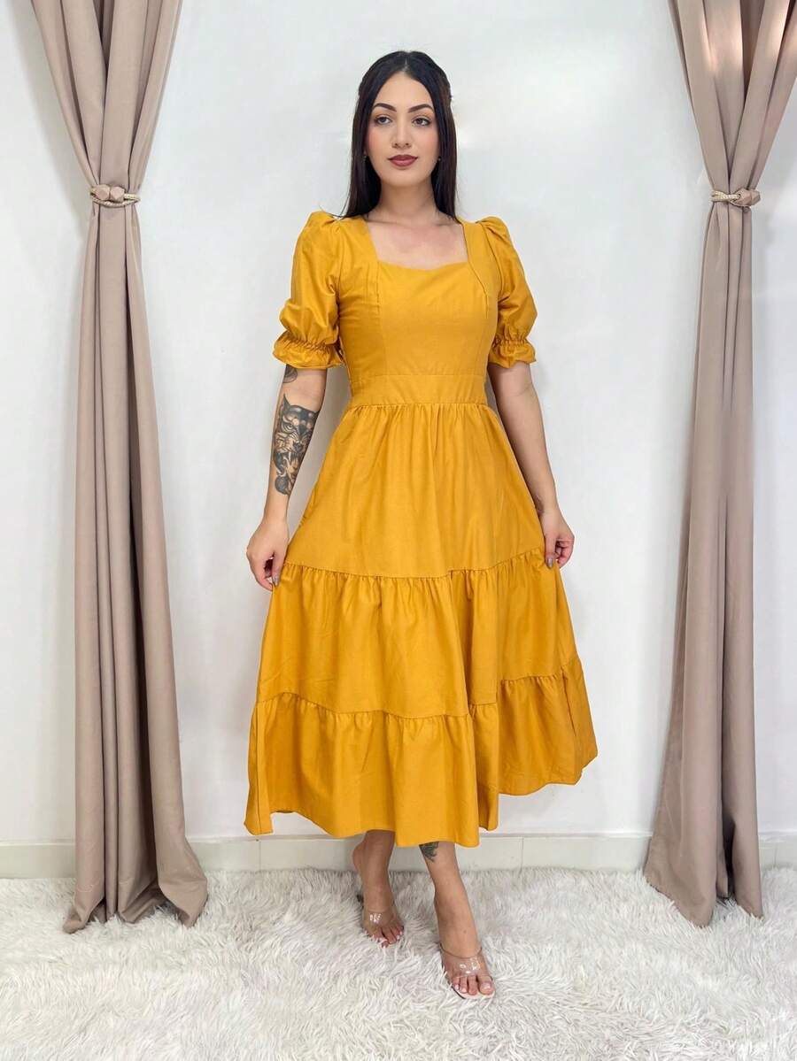 Plain Knitted Cotton Short Sleeve Midi Dress - 芥末黃 - 查看 1