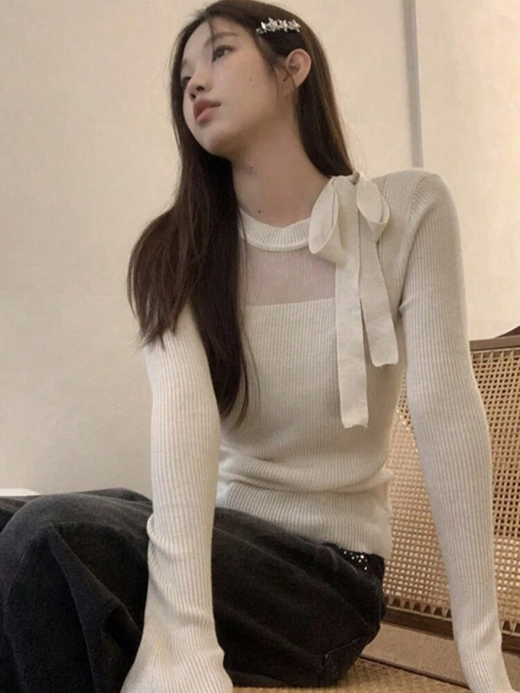 女士纯色侧结圆领长袖毛衣 - 杏色 - 查看 3
