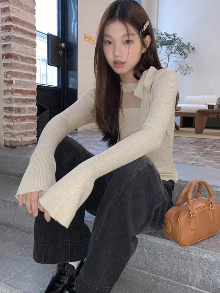 女士纯色侧结圆领长袖毛衣 - 杏色 - 查看 4