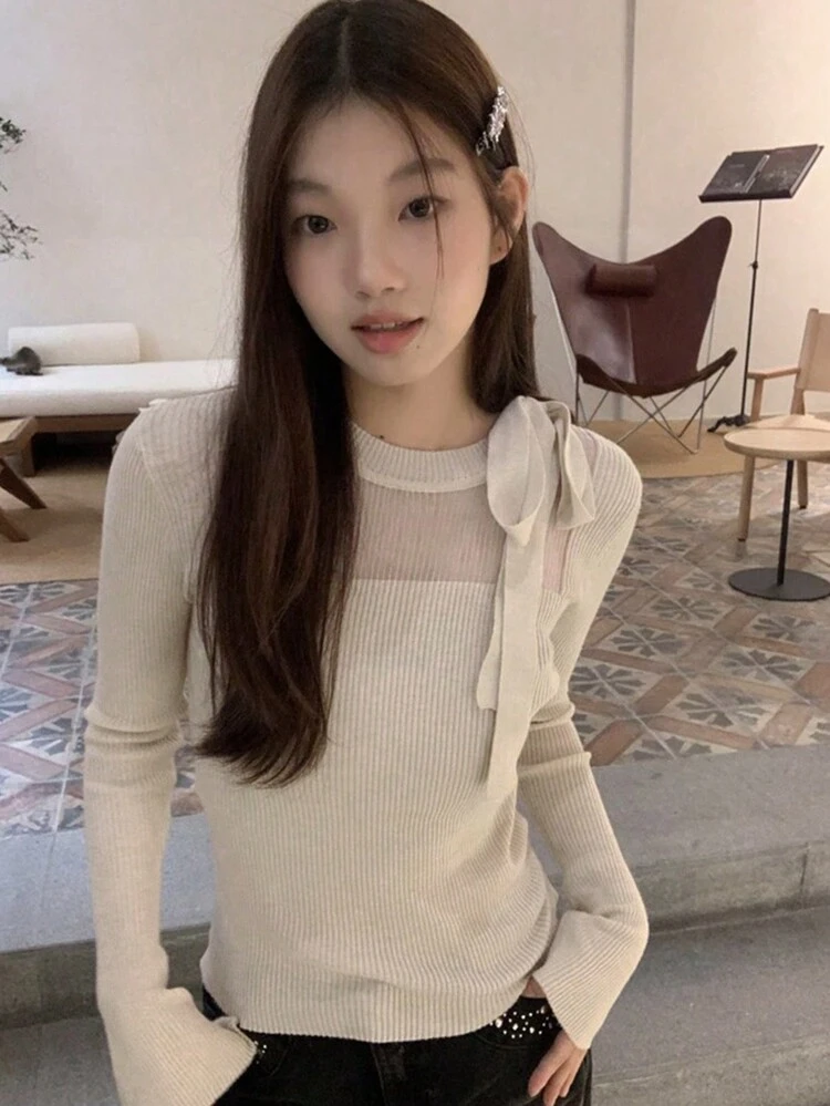 女士纯色侧结圆领长袖毛衣 - 杏色 - 查看 1