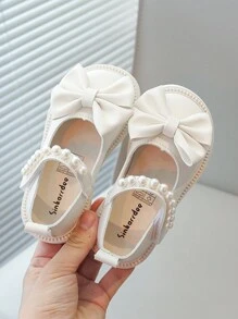 1 Pair Girls Pearl Bow Hook-And-Loop Princess Style Flats, Lightweight Non-Slip Soft Sole, Suitable For Party, Prom In Spring And Autumn - Beige - View 3