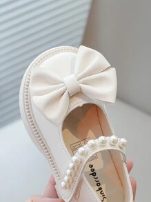 1 Pair Girls Pearl Bow Hook-And-Loop Princess Style Flats, Lightweight Non-Slip Soft Sole, Suitable For Party, Prom In Spring And Autumn - Beige - View 9