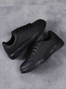 Men's Black Casual Sneakers Skateboard Shoes Work Shoes Solid Black Lace-Up Low-Top Sneakers, New Spring/Summer Student Back-To-School Skate Shoes, Non-Slip Work Shoes, Size 39-45