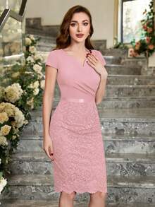 MIUSOL Đầm Bodycon cổ ren hoa dự tiệc cocktail - Màu Hồng baby - Xem 7