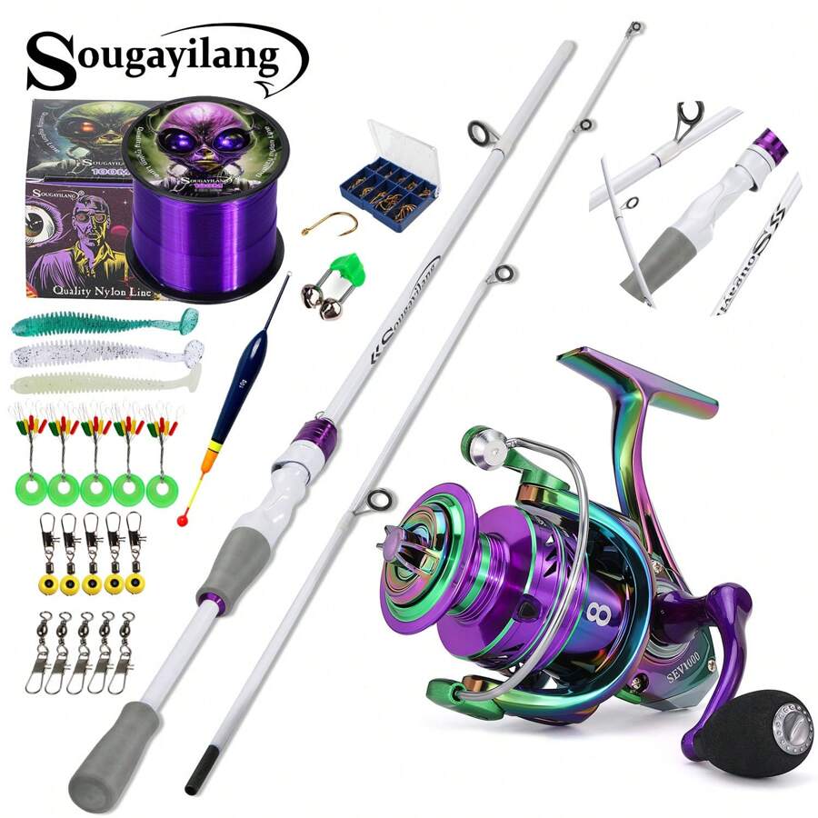 Sougayilang 2節旋轉釣竿和捲線器套裝1.8m / 5.9FT超輕型碳纖維釣竿和旋轉捲線器，線，誘餌，5.0：1齒輪比金屬捲筒，最大拉力為10kg，適用於淡水鱸魚鱒魚狼魚
