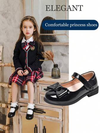A Pair Of Black PU With Bow Knot Anti Slip Low Top Round Toe College Style Fashionable Princess Shoes,Suitable For School Commuting, Parties And Weddings, Suitable For All Seasons.
