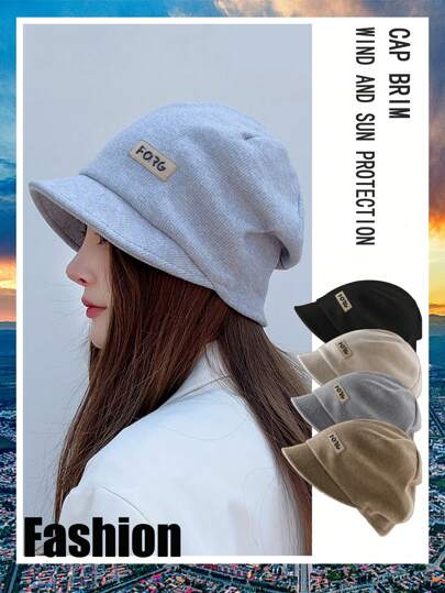 1pc Women's Multi-Color Sewn Label Stacked Beanie, Bucket Hat, New Versatile Casual Windproof Warm Brimmed Cap, Spring Autumn Style Winter Fall