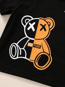 Set de 2 piezas de camiseta con estampado de oso de dibujos animados y pantalones cortos deportivos suaves y cómodos para niño bebé, ropa casual de diario y atuendos de vacaciones, para primavera/verano