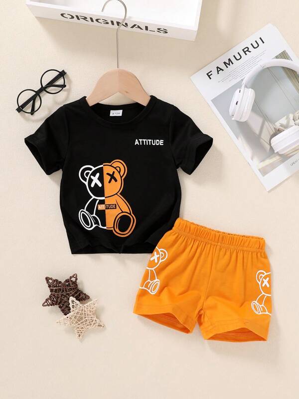 2pcs Baby Boy Soft Comfy Cartoon Bear Letter Print T-Shirt And Sporty Shorts Set, Casual Everyday Wear & Holiday Outfits, Spring/Summer